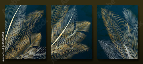 Luxury art background with gold and white feathers or leaves. Set of posters in art line style for interior design, packaging, decor