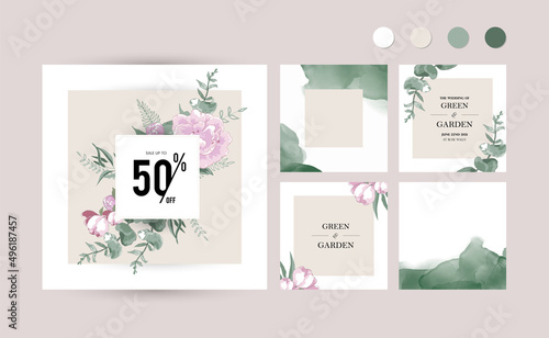 pink and green flower background for social media Instagram post. floral leaf square frame layout template for beauty, special offer, spring sale, wedding advertisement. hand drawn vector illustration