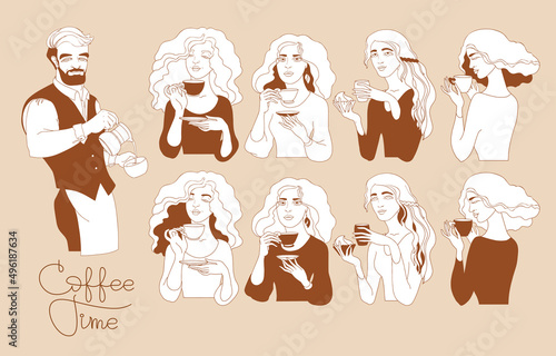 Coffee Time. Barista and young women with a cup. Vector.