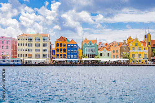 Famous colorful waterfront buildings in dutch-caribbean, colonial style viewed from the district Otrobanda in Willemstad, Curacao photo