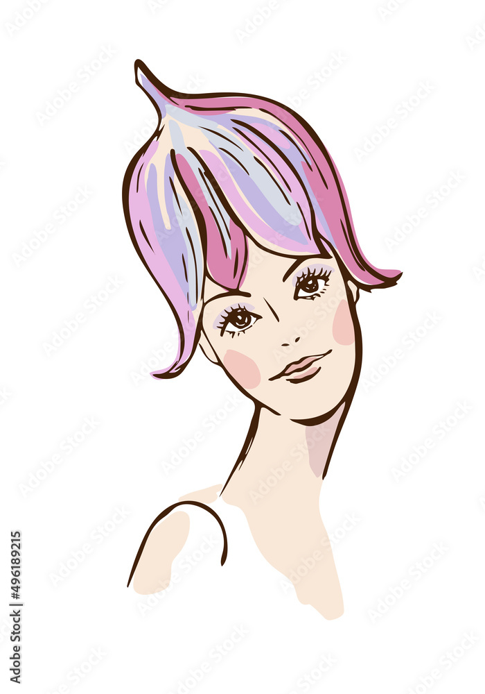 Floral portrait of beautiful girl with hairstyle like a bell flower. Woman with campanula on head. Image concept for flower horoscope, print, poster. Hand drawn, vector, isolated on white background.