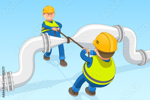Two workers are trying to block the pipeline by pinching it with a rope. Concept of energy crisis and sanctions. Vector illustration with editable outlines.