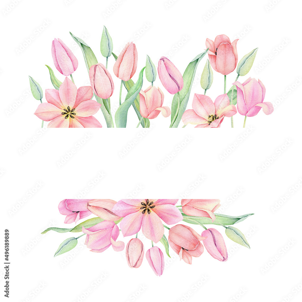 Watercolor pink tulip wreath. Spting floral frame isolated on white background.