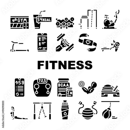 Fitness Gym Sportive Equipment Icons Set Vector. Athlete Fitness Exercise On Rowing Machine Bike, Nutrition For Muscle Water Drink Bottle, Scale Phone Application Glyph Pictograms Black Illustration