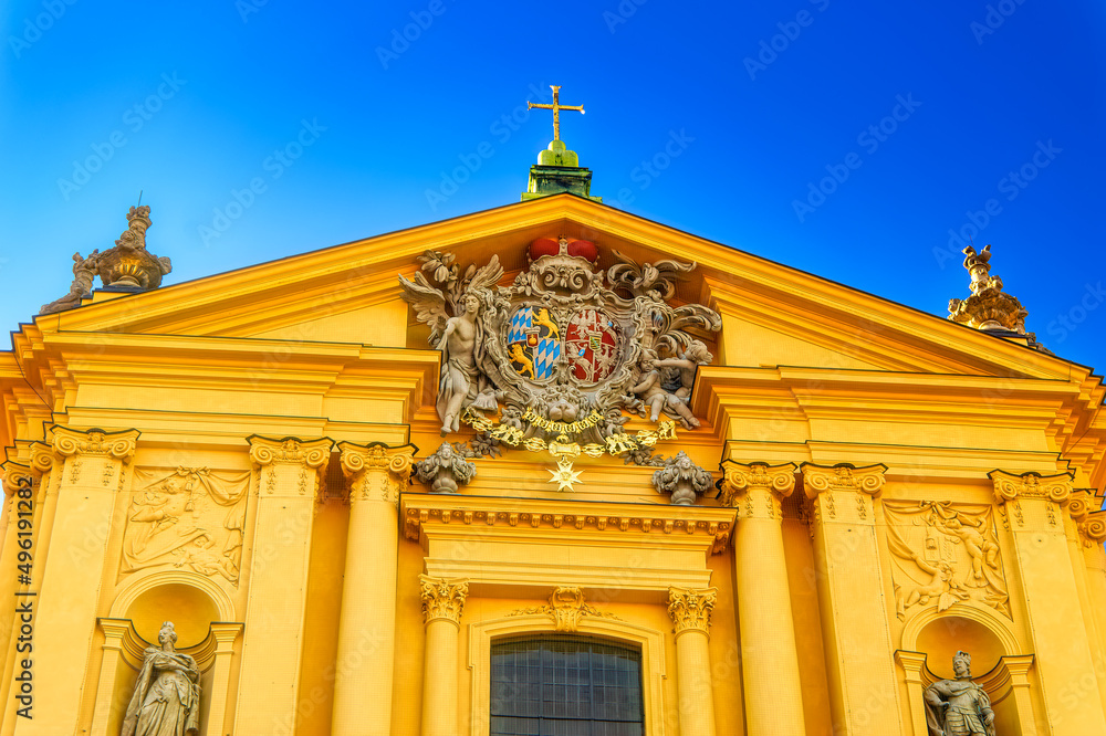  Tower clock at baroque Theatine church at Odeonsplatz in Munich, Germany.