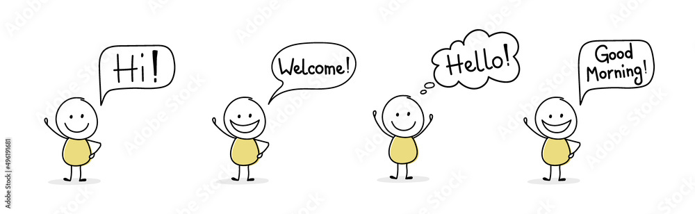 Happy cartoon people with greeting - welcome, hello, hi, good morning. Vector Happy cartoon people with greeting - welcome, hello, hi, good morning. Vector