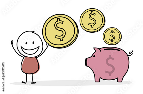 Money saving concept. Funny stickman with piggy bank. Vector