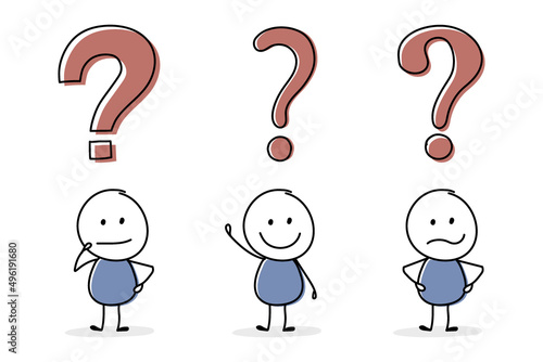 Funny stickman with question mark symbol. Icon set. Vector