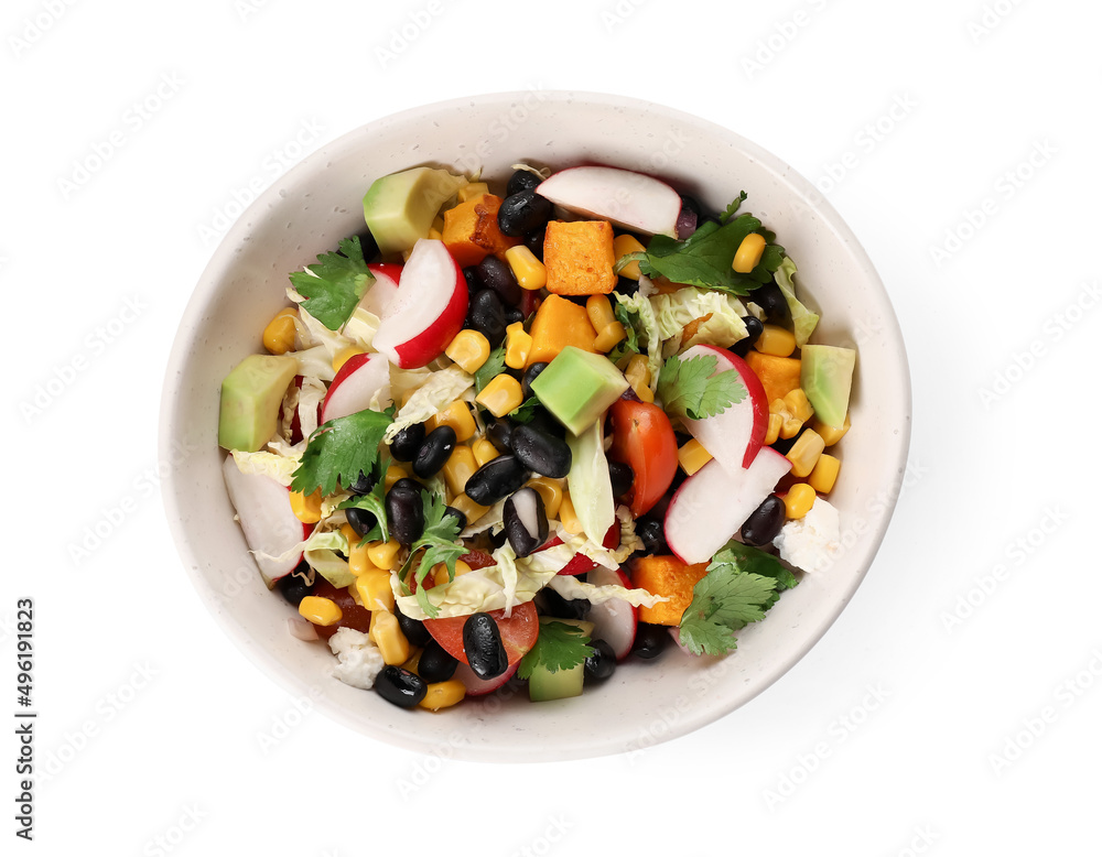 Bowl of Mexican vegetable salad with radish and black beans on white background Bowl of Mexican vegetable salad with radish and black beans on white background