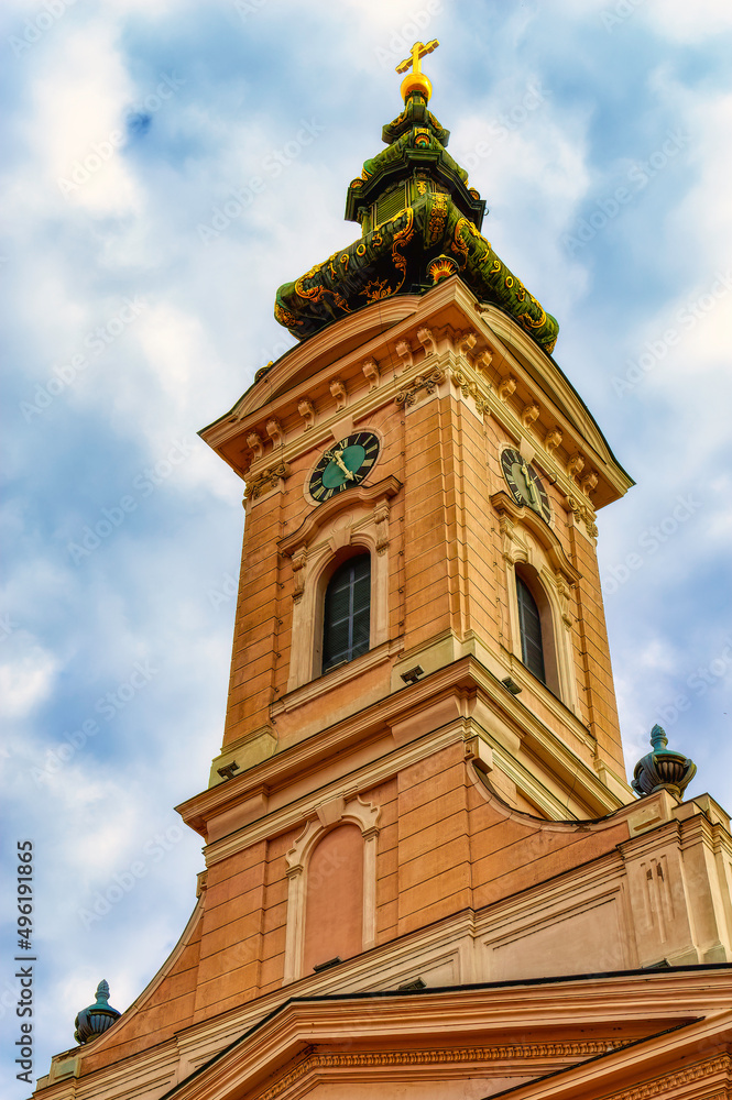 Bell and clock tower of Serbian Orthodox church in Novi Sad, Serbia.