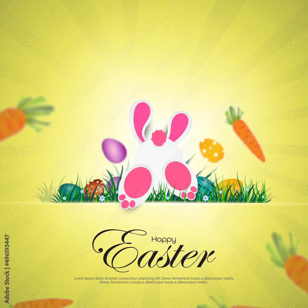 Funny rabbit jumps in the middle of the green grass where there are beautiful flowers and colorful Easter eggs.