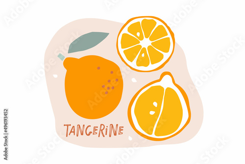 Tangerine Fruit with leaves, hand drawn doodle sketch isolated. Flat vector illustration Food template for nursery design, sticker, logo, diet concept, farmers market. Whole fruit and cut half, slice