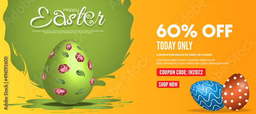 60% off Discount Easter sale poster or banner template with Colorful Painted Easter Eggs. Vector illustration.