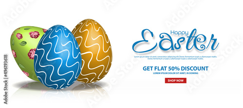 50% off Easter sale poster template. Colorful Easter eggs with reflection on a white background. Vector illustration.