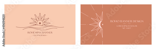 Vector linear boho emblems.Bohemian logo designs with sea,crescent moon,star,sun and sunburst.Modern celestial icons or symbols in trendy minimalist style.Branding design,website banner templates.