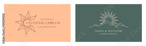 Vector travel and celestial logo design with mountain landscape,sun.Boho linear icons or symbols in trendy minimalist style.Modern hike,camp or glamping resort label.Branding design,website banner