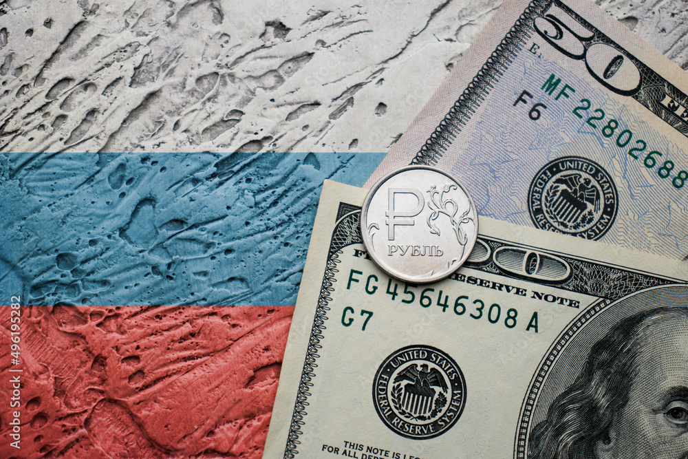 Fototapeta premium Russian ruble on the dollar, the war in Ukraine, the exchange rate of the ruble, the fall of the ruble