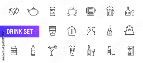 Drink line icon cup juice or coffee. Vector glass tea shake hot bottle cup. Milk drink thin icon set
