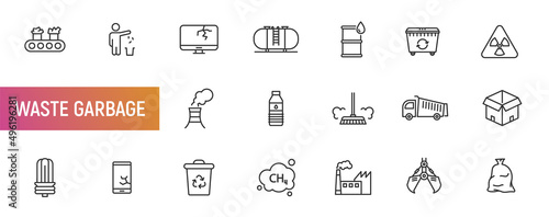Trash plastic line icon bag. Paper can vector bottle outline icon. Waste bin rubbish cardboard container ecology symbol