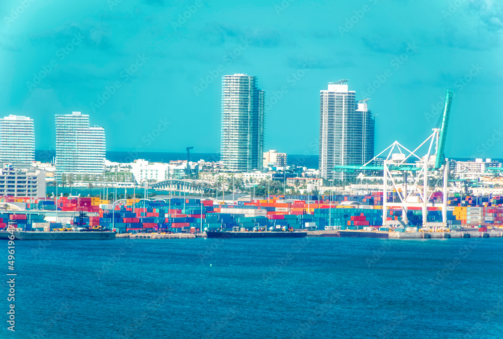 Aerial view over cargo port of Miami, Florida, USA.