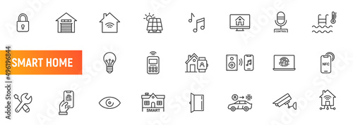 Smart home line icon. Smart control house door building system internet garage network remote control