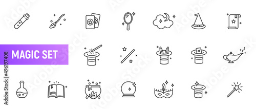 Vector magic surprise line icon set. Outline magician glass ball wand rabbit, trick mystery symbols
