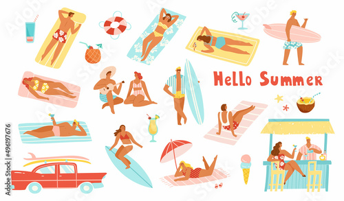 Set of people enjoying summer vacation on the beach. Vector illustration of men and women sunbathing and surfing. Tiki bar with tropical drinks. Trendy retro style. photo