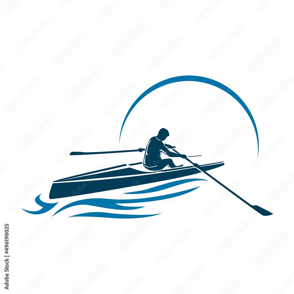 Vector logo illustration of a rower on the river - obrazy, fototapety, plakaty 