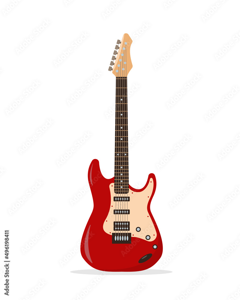Electrical Guitar icon. Rock music equipment. Red stringed musical instrument guitar with six strings isolated on white background. Vector illustration in flat or cartoon style.