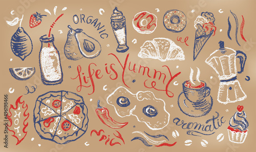 Menu banner design with hand drawn lettering quotes, food and drink illustrations. Chalk drawing on cardboard