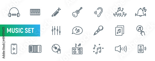Music line icon set. Music DJ radio speaker. Icons sound microphone music note, song guitar jazz voice thin icon set