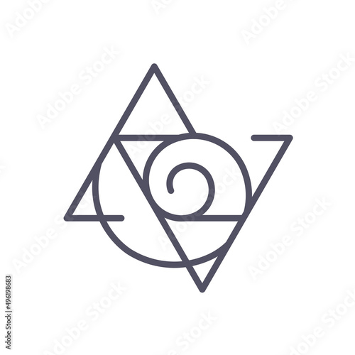 Spiral and Triangles geometric Logo depicting golden ratio. Four magic elements: water, earth, air, fire and energy. Editable stroke. Black and white