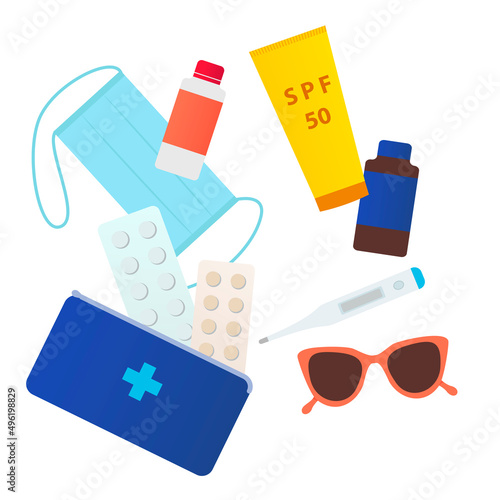 First aid kit for traveling with face mask, sunscreen bottle and pills, thermometer. Aid set vector illustration