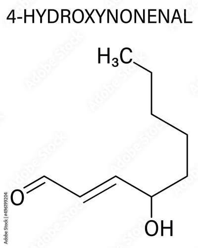 4-Hydroxynonenal (HNE) molecule. Metabolite produced by lipid peroxidation of polyunsaturated omega-6 fatty acids. Skeletal formula.