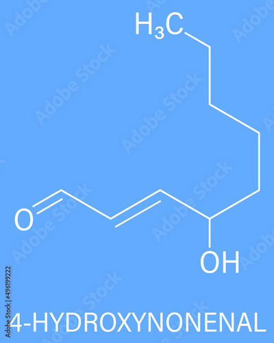 4-Hydroxynonenal (HNE) molecule. Metabolite produced by lipid peroxidation of polyunsaturated omega-6 fatty acids. Skeletal formula.