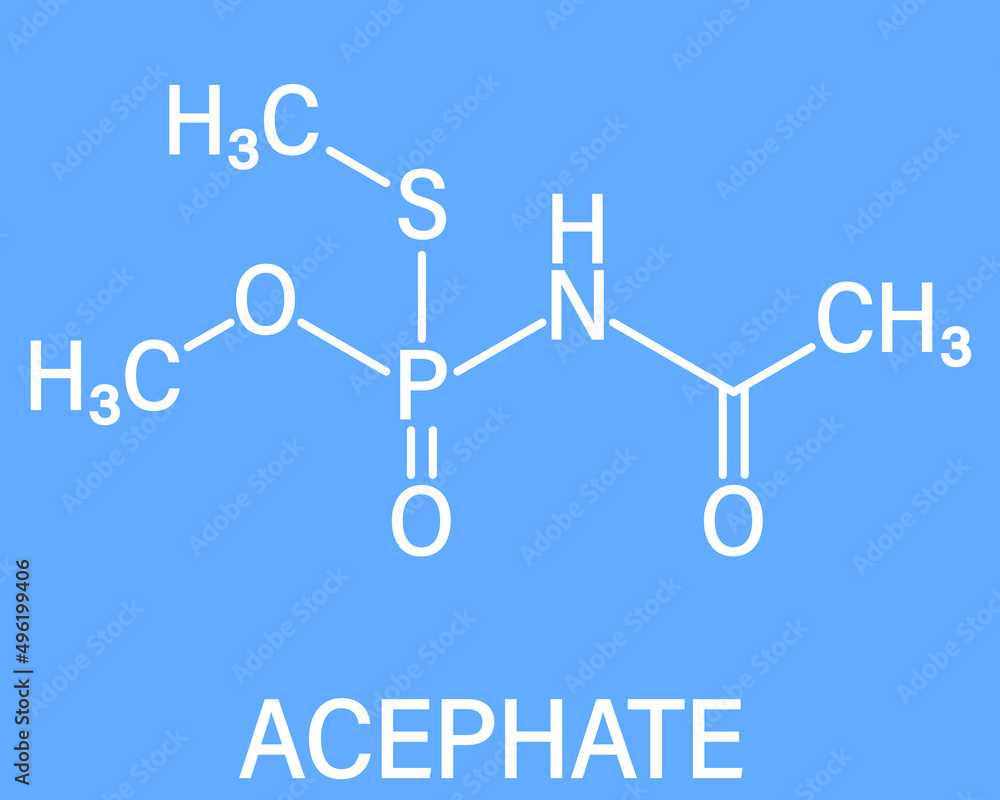 Acephate insecticide molecule. Skeletal formula. Acephate insecticide molecule. Skeletal formula.