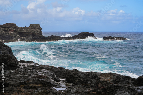 Waves crashing near the Olivine tide pools in the Pacific Ocean along the Kahekili Highway in West Maui, Hawaii, United States
