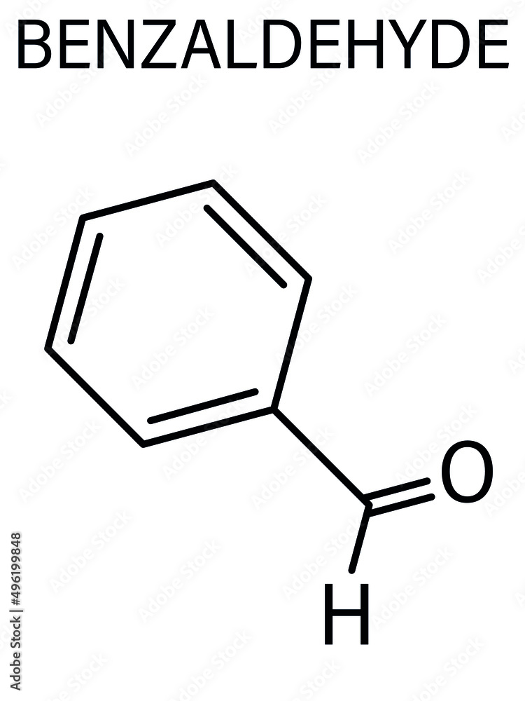 Benzaldehyde bitter almond odor molecule. Skeletal formula. Benzaldehyde bitter almond odor molecule. Skeletal formula.