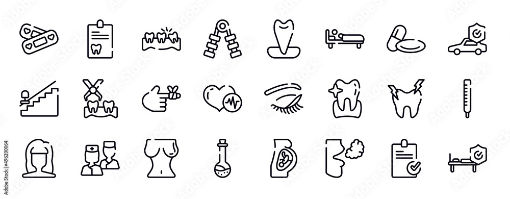Naklejka premium insurance thin line icons collection. insurance editable outline icons set. 2 pills, car insurance, null, extraction, bandaged hurt finger, heart beats stock vector.