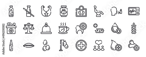 allergies thin line icons collection. allergies editable outline icons set. asthma, icu, medicine box, weigh scale, cupping, herbal tea stock vector.