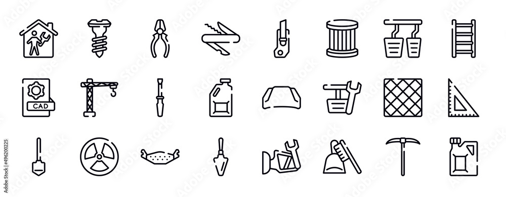construction thin line icons collection. construction editable outline icons set. accelerator, ladder, cad, lifter, repair screwdriver, jerrycan stock vector.