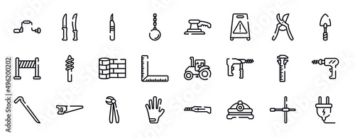 home repair fill thin line icons collection. home repair fill editable outline icons set. pruning shears, garden trowel, road panel, drill tip, linoleum, corner ruler stock vector.