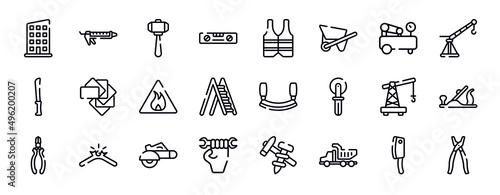 tools and hinery thin line icons collection. tools and hinery editable outline icons set. air compressor, davit, bread knife, color pack, inflamable, ladder open stock vector.