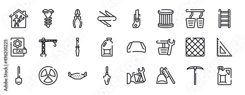 construction thin line icons collection. construction editable outline icons set. accelerator  ladder  cad  lifter  repair screwdriver  jerrycan stock vector.