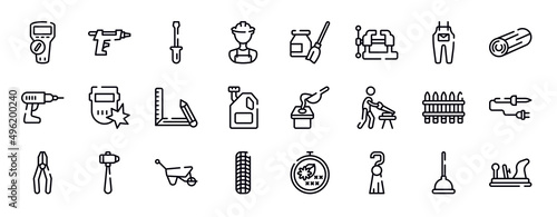diy thin line icons collection. diy editable outline icons set. jumpsuit, woods, hand drill, weld, drawing tool, engine oil stock vector.