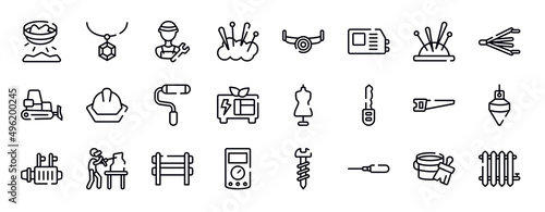 plumber thin line icons collection. plumber editable outline icons set. needle holder, bellows, dozer, head protection, painted, green power stock vector.