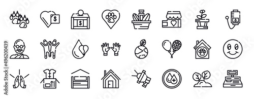 charity thin line icons collection. charity editable outline icons set. plant heart, blood donation, , happy kids, heart drop, voluntary service stock vector.