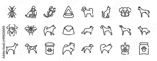 dog and training thin line icons collection. dog and training editable outline icons set. dog moustache  pharaoh hound  spider black widow  null  malamute  pet dish stock vector.