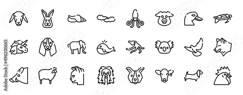 free animals thin line icons collection. free animals editable outline icons set. duck head  swimming turtle  unicorn  bas hound dog head  elephant alone  big whale stock vector.