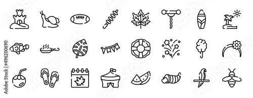 spring thin line icons collection. spring editable outline icons set. suroard  pictures  clown fish  pan  monstera leaf  garlands stock vector.